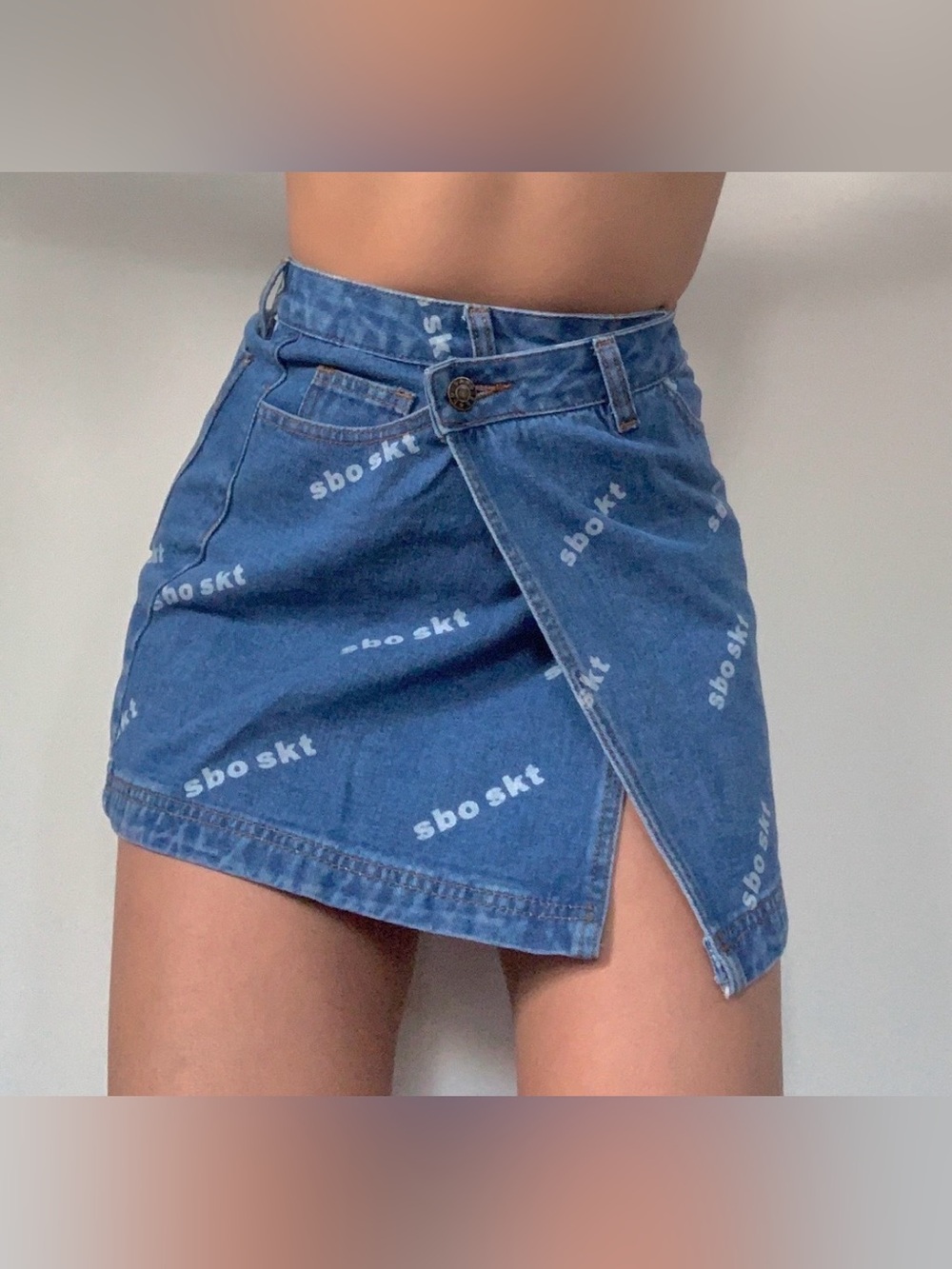 Sabo Skirt Monse Printed Denim Mini Skirt Blue Logo Wrap Front Size Small NWT